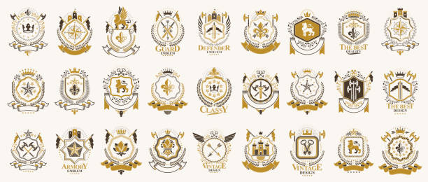 vintage heraldic emblems vector big set, antique heraldry symbolic badges and awards collection, classic style design elements, family emblems. - sembol illüstrasyonlar stock illustrations