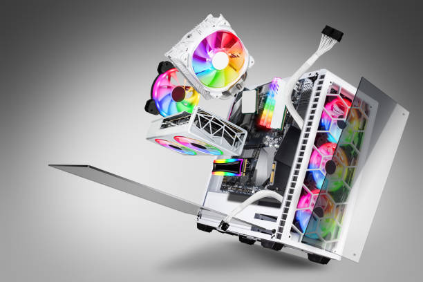 istock exploded view of white gaming pc computer with glass windows and rainbow rgb LED lights. Flying hardware components abstract concept technology gray background 1338486537