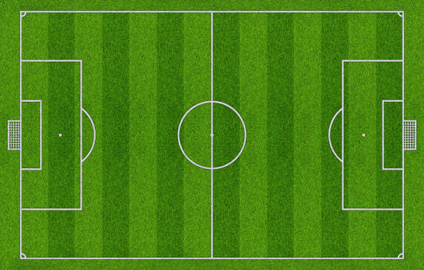 top view of standard size layout empty sport soccer field with real green realistic grass and copy space. Team sports recreation background stock photo