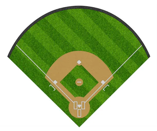 top view of  layout empty sport baseball field with diamond shaped real green realistic grass and copy space. Team sports recreation competition background