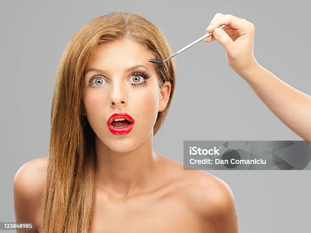 Closeup Beauty Portrait Woman Applying Mascara Surprised Stock Photo - Download Image Now