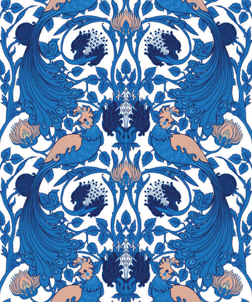 Floral vintage seamless pattern wit birds for retro wallpapers. Enchanted Vintage Flowers.  Arts and Crafts movement inspired. William Morris style Floral vintage seamless pattern wit birds for retro wallpapers. Enchanted Vintage Flowers.  Arts and Crafts movement inspired. Design for wrapping paper, wallpaper, fabrics and fashion clothes. william morris art stock illustrations