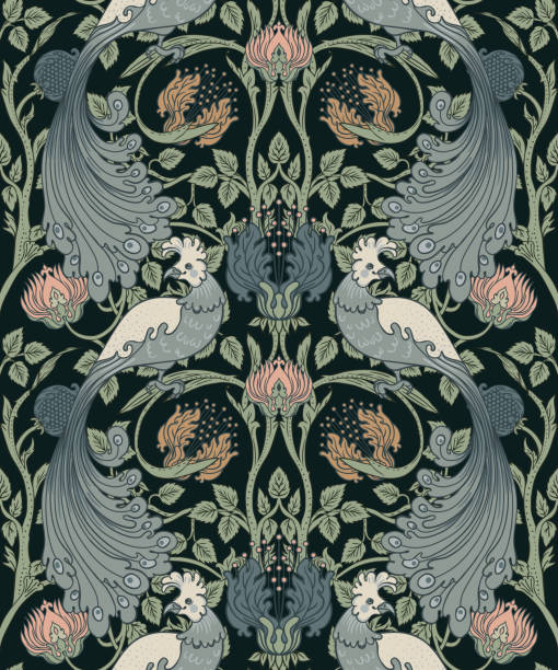 ilustrações de stock, clip art, desenhos animados e ícones de floral vintage seamless pattern wit birds for retro wallpapers. enchanted vintage flowers.  arts and crafts movement inspired. william morris style - pattern bird seamless backgrounds