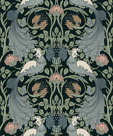 Floral vintage seamless pattern wit birds for retro wallpapers. Enchanted Vintage Flowers.  Arts and Crafts movement inspired. Design for wrapping paper, wallpaper, fabrics and fashion clothes.