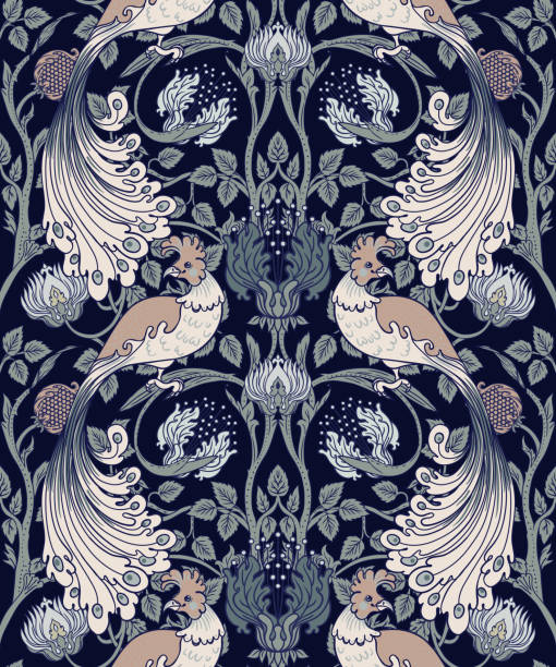 Floral vintage seamless pattern wit birds for retro wallpapers. Enchanted Vintage Flowers.  Arts and Crafts movement inspired. William Morris style Floral vintage seamless pattern wit birds for retro wallpapers. Enchanted Vintage Flowers.  Arts and Crafts movement inspired. Design for wrapping paper, wallpaper, fabrics and fashion clothes. william morris art stock illustrations