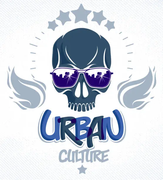 Vector illustration of Skull in sunglasses and hat, urban theme vector logo or emblem, gangster or thug illustration, anarchy chaos hooligan, ghetto theme.