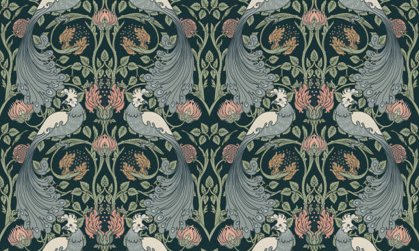 florales vintage nahtloses muster mit vögeln für retro-tapeten. verzauberte vintage-blumen. arts and crafts bewegung inspiriert. william morris stil - tapete stock-grafiken, -clipart, -cartoons und -symbole