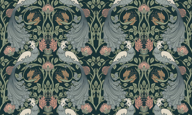 florales vintage nahtloses muster mit vögeln für retro-tapeten. verzauberte vintage-blumen.  arts and crafts bewegung inspiriert. william morris stil - flower backgrounds pattern old stock-grafiken, -clipart, -cartoons und -symbole