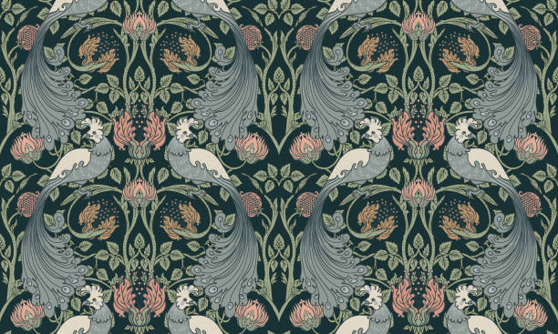 Floral vintage seamless pattern wit birds for retro wallpapers. Enchanted Vintage Flowers.  Arts and Crafts movement inspired. William Morris style Floral vintage seamless pattern wit birds for retro wallpapers. Enchanted Vintage Flowers.  Arts and Crafts movement inspired. Design for wrapping paper, wallpaper, fabrics and fashion clothes. victorian era stock illustrations