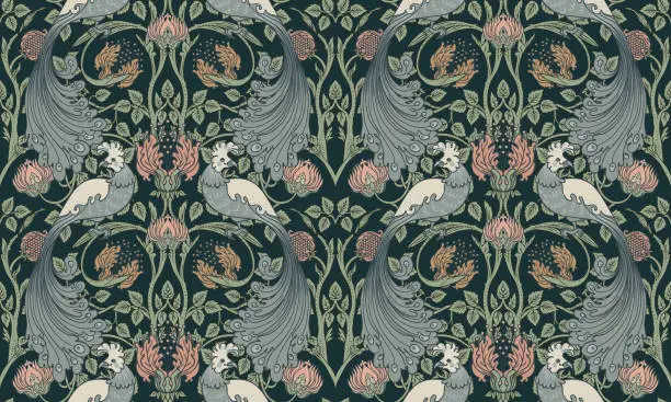 Vector illustration of Floral vintage seamless pattern wit birds for retro wallpapers. Enchanted Vintage Flowers.  Arts and Crafts movement inspired. William Morris style