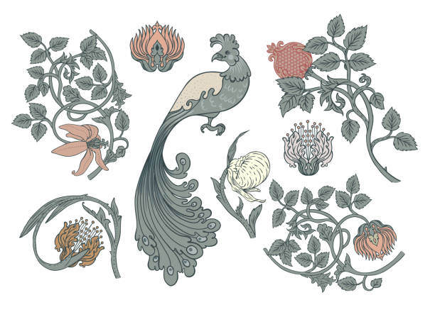 Nature vintage elements of Flowers and bird.  Arts and Crafts movement inspired. Vector design elements. Isolated on white. vector art illustration