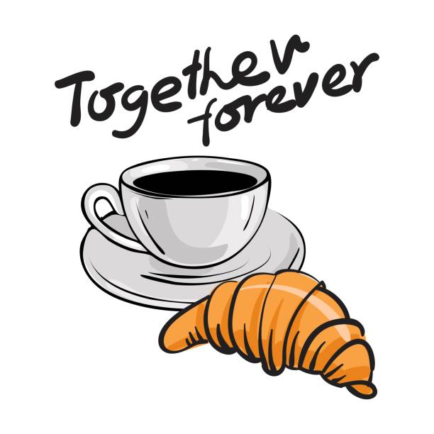 croissant und kaffeetasse vektorskizze. cartoon-stil. - hot chocolate coffee isolated on white cup stock-grafiken, -clipart, -cartoons und -symbole