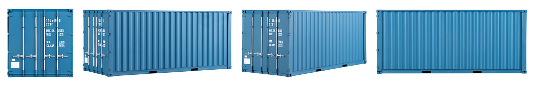 set collection of blue shipping cargo container in various different angles isolated on white background. transportation ship delivery logistics and freight concept.