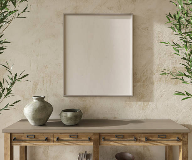 istock Scandinavian design room with olive trees. Mockup frame in cozy home interior background. Farmhouse style 3d render illustration. 1338493052