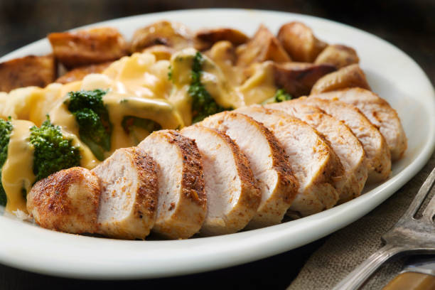Seasoned Chicken Breast with Roasted Potatoes and Steamed Broccoli with Cheese Sauce