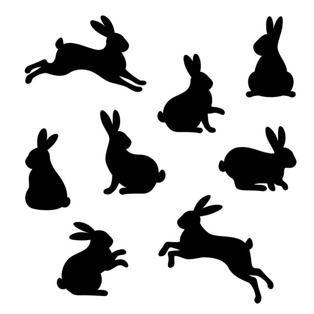 Rabbit silhouette black icons set Rabbit silhouette black icons set isolated on white background. Vector illustration. Hare symbol for Happy Easter or Mid Autumn festival. Collection of bunny in various poses easter silhouettes stock illustrations