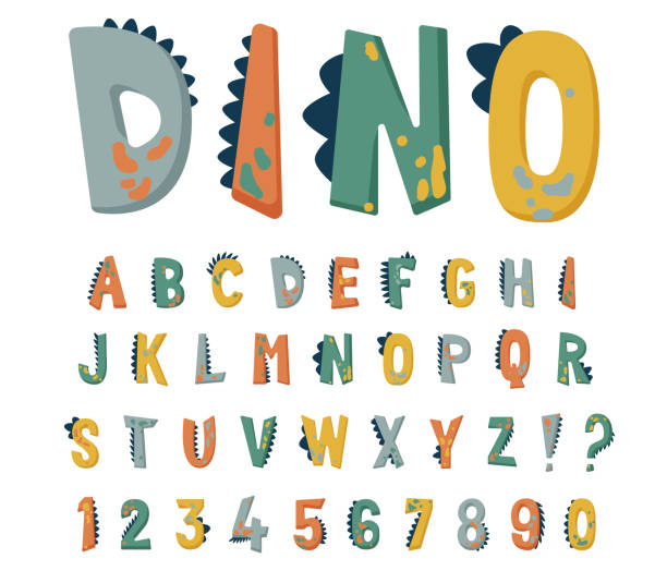 Dinosaur alphabet vector set with cute hand drawn letters and numbers in bright colors with texture dino effects. Comic fun kid typography design in flat cartoon style Dinosaur alphabet vector set with cute hand drawn letters and numbers in bright colors with texture dino effects. Comic fun kid typography design in flat cartoon style. dinosaur stock illustrations