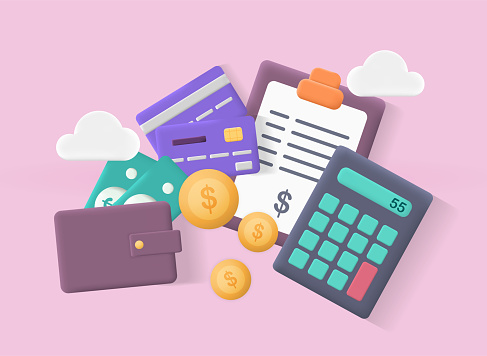 Budget management concept. Composition with wallet, calculator, coins, bills, tax bill and credit cards. Saving money and smart investment. Cartoon 3D vector illustration isolated on pink background