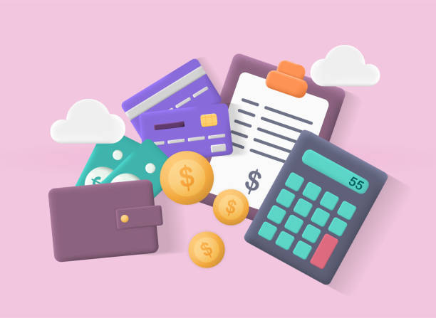 Budget management concept Budget management concept. Composition with wallet, calculator, coins, bills, tax bill and credit cards. Saving money and smart investment. Cartoon 3D vector illustration isolated on pink background calculator illustrations stock illustrations
