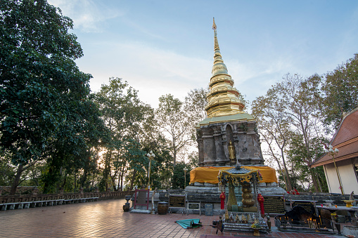 the Temple Wat Phra That Chom Kitti in the town of Chiang Saen at the mekong River in the golden triangle in the north of the city Chiang Rai in North Thailand.   Thailand, Chiang Sean, November, 2019