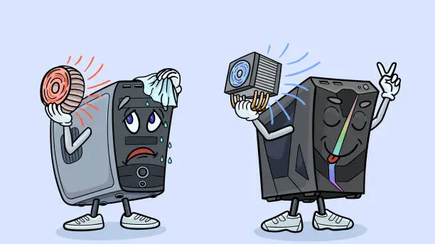 Vector illustration of Two cartoon computers demonstrate their CPU cooling.