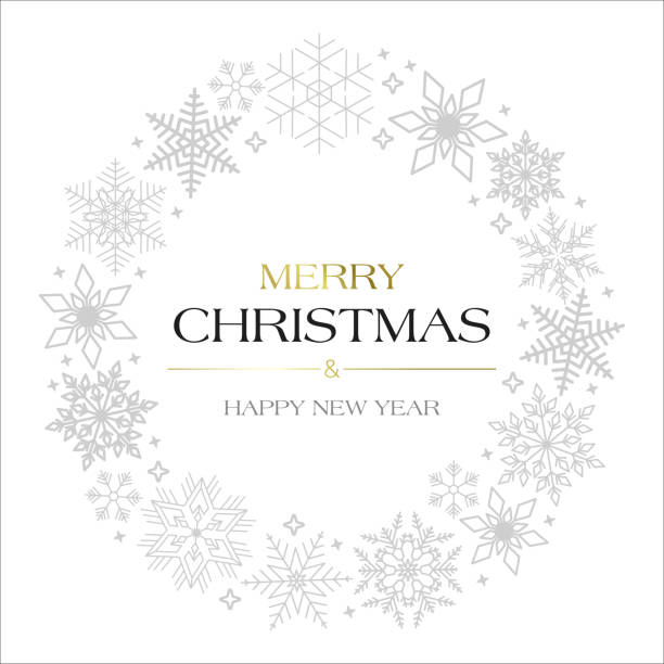 snowflakes with text Merry Christmas and Happy New Year round frame made with beautiful silver snowflakes and text Merry Christmas and Happy New Year on white background snowflake vector stock illustrations