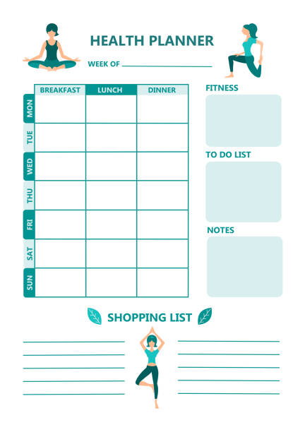 ilustraciones, imágenes clip art, dibujos animados e iconos de stock de planificador de comidas saludables horario semanal en blanco listo para imprimir. plan de dieta. fitness, notas, lista de tareas pendientes - sport magazine day usa