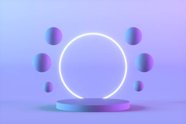 istock Empty Product Stand, Platform, Podium, Exhibition, Neon Lights, Flying Spheres 1338505975