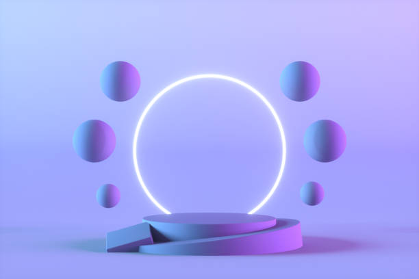 istock Empty Product Stand, Platform, Podium, Exhibition, Neon Lights, Flying Spheres 1338506011