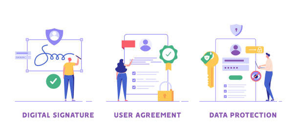 디지털 서명, 데이터 보호, 이용 약관 설정. 기업인들이 전자 서명과 계약을 체결합니다. 사이버 전문가는 안전한 암호로 파일을 보호합니다. 사용자는 개인 정보 보호 정책 계약을 수락합니다. - 로그인 일러스트 stock illustrations