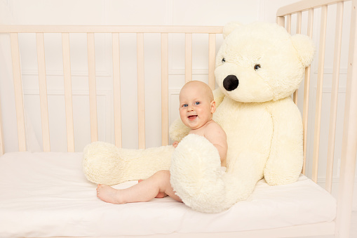baby boy 8 months old sitting in diapers in a crib with a large Teddy bear in the nursery, place for text