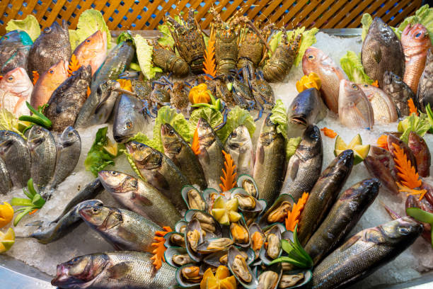 istock Fresh seafood is beautifully laid out on the counter 1338509448