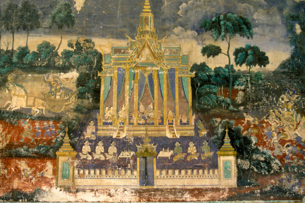 A stunning painting depicting a temple set against a beautifully vibrant blue sky in the background, which enhances its majestic features, Phnom Penh, Royal Palace