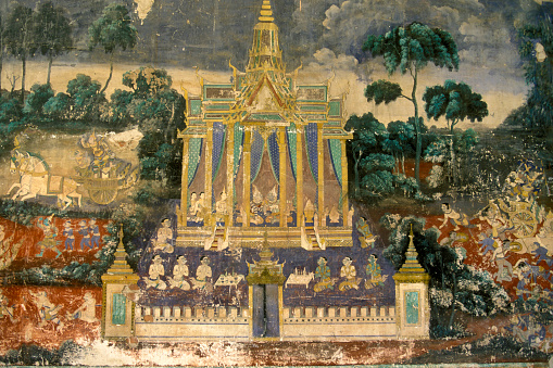 a historical painting at the Ramayana Gallery of the Royal Palace in the city of Phnom Penh of Cambodia.  Cambodia, Phnom Penh, February, 2001
