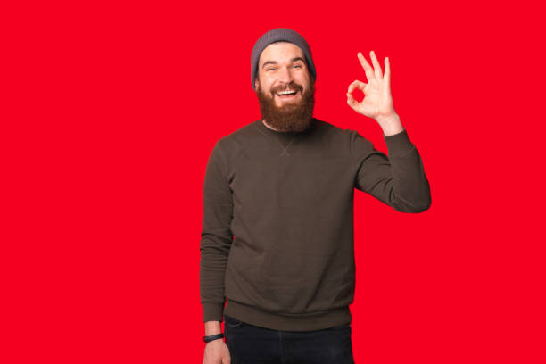 istock Bearded hipster wearing warm clothes is showing ok gesture. 1338512652