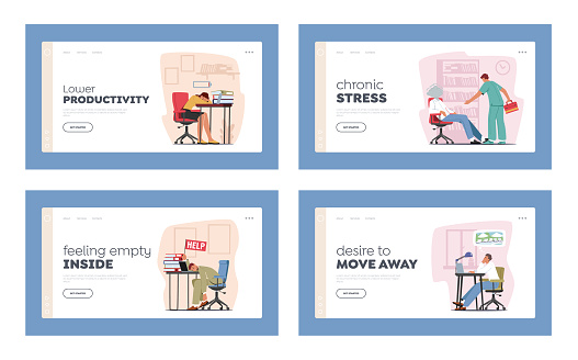 Professional Burnout Syndrome Landing Page Template Set. Exhausted Managers Characters at Work Sitting at Table with Head Down and Low Battery. Overload Tiredness. Cartoon People Vector Illustration
