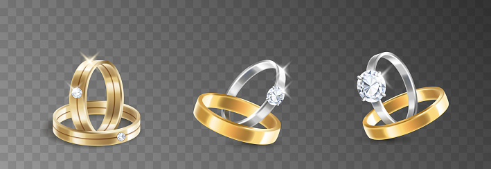 Wedding and engagement rings set of silver, palladium metal with diamonds, zircons and gems on transparent background isolated. Realistic 3d vector illustration