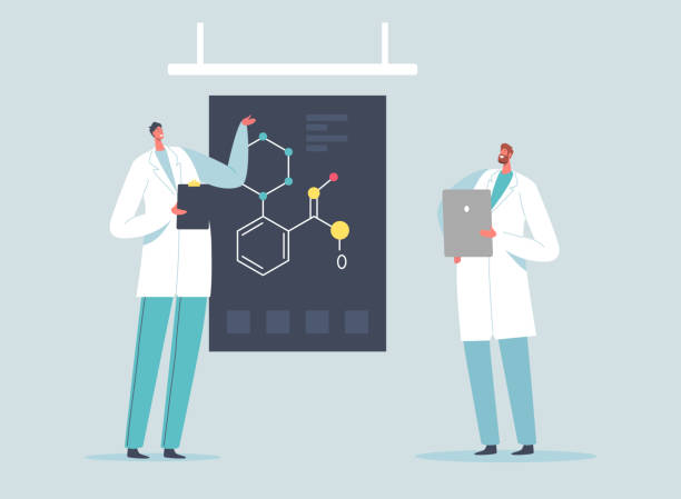 illustrazioni stock, clip art, cartoni animati e icone di tendenza di gli scienziati con le compresse spiegano la formula chimica sullo schermo in laboratorio, metodi scientifici, ipotesi e conclusioni - hypothesis