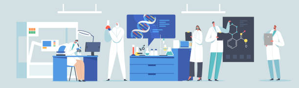 ilustrações, clipart, desenhos animados e ícones de laboratório científico de pesquisa ou processo de experimentos. personagens cientistas trabalhando com dna, olhando através do microscópio - beginnings origins creation molecule