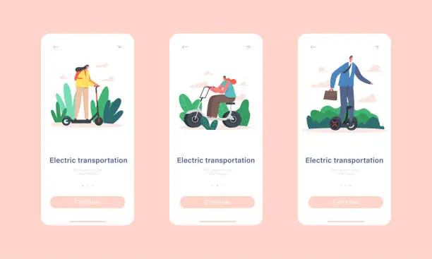Vector illustration of Characters Riding Electric Transport Mobile App Page Onboard Screen Template. People Use Scooter, Hoverboard and Bike
