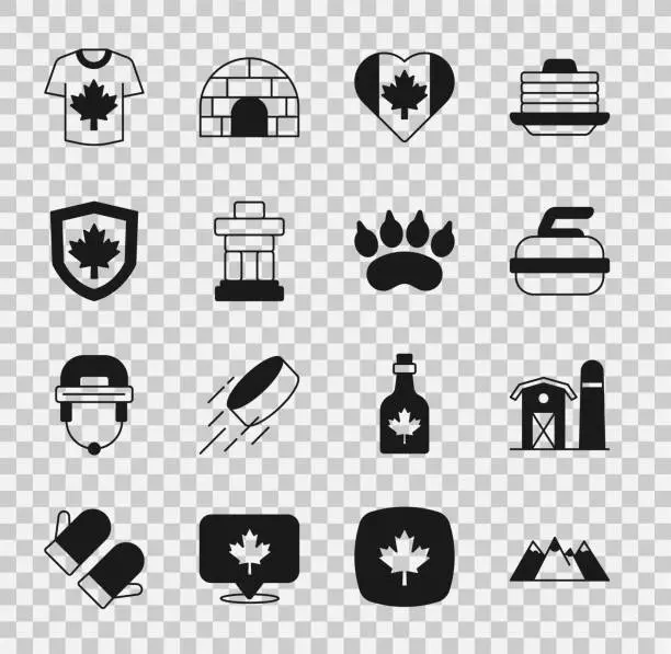 Vector illustration of Set Mountains, Farm house, Stone for curling, Heart shaped Canada flag, Inukshuk, shield, Hockey jersey and Bear paw footprint icon. Vector