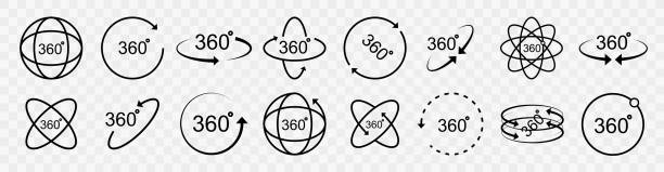 360 degrees vector icon set. Round signs with arrows rotation to 360 degrees. 360 degrees vector icon set. Round signs with arrows rotation to 360 degrees. Rotate symbol isolated on transparent background. Vector illustration. 360 degree view stock illustrations