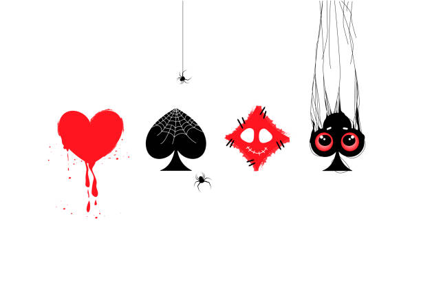 ilustrações de stock, clip art, desenhos animados e ícones de halloween playing cards. worms like heart with blood, crosses like monster, spades with spiders and cobwebs, diamonds ghost - poker cards royal flush heart shape