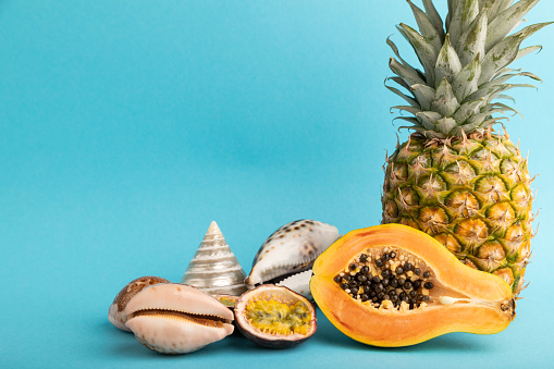 Ripe cut papaya, pineapple, passion fruit, seashells on blue pastel background. Side view, copy space. Tropical, healthy food, vacation, holidays concept.