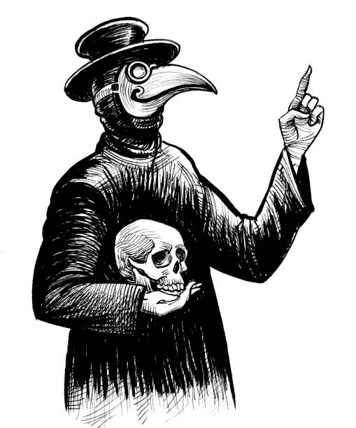 Plague doctor Ink black and white drawing of a medieval plague doctor with a human skull black plague doctor stock illustrations