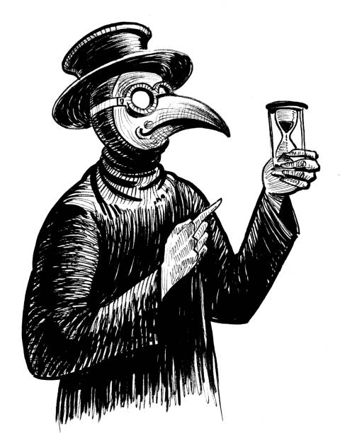 Plague doctor Ink black and white drawing of a medieval plague doctor with a sand clock black plague doctor stock illustrations