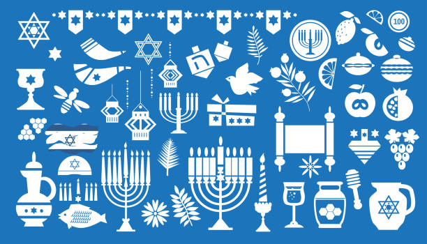 religion israel  icons set in  flat cartoon style  for  jewish holiday. awesome collection  elements with  torah, shofar,  david star, candle, flags, menorah, - şofar illüstrasyonlar stock illustrations