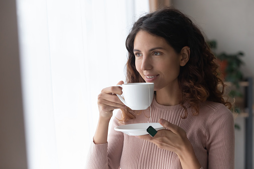 Smiling young woman standing in living room looks out window planning visualizing future, enjoy morning fresh brewed tea. Carefree female holding cup drink beverage welcoming new day deep in thoughts