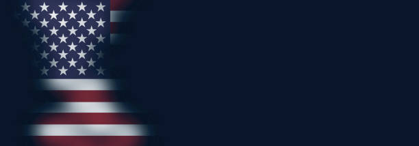 istock Empty banner in dark blue to add text. The US flag shines partly through on the left. 1338530537