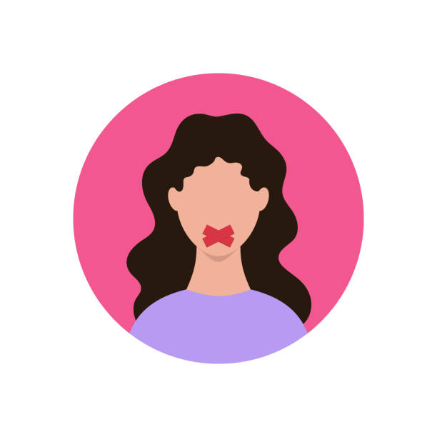 illustrazioni stock, clip art, cartoni animati e icone di tendenza di icona della libertà di parola censurata. donna con un nastro adesivo sulla bocca. illustrazione vettoriale - finger on lips silence women symbol